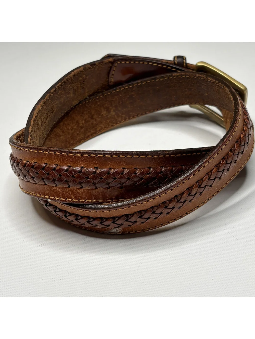 Vintage Brown Woven Leather Braided Brass Buckle Belt